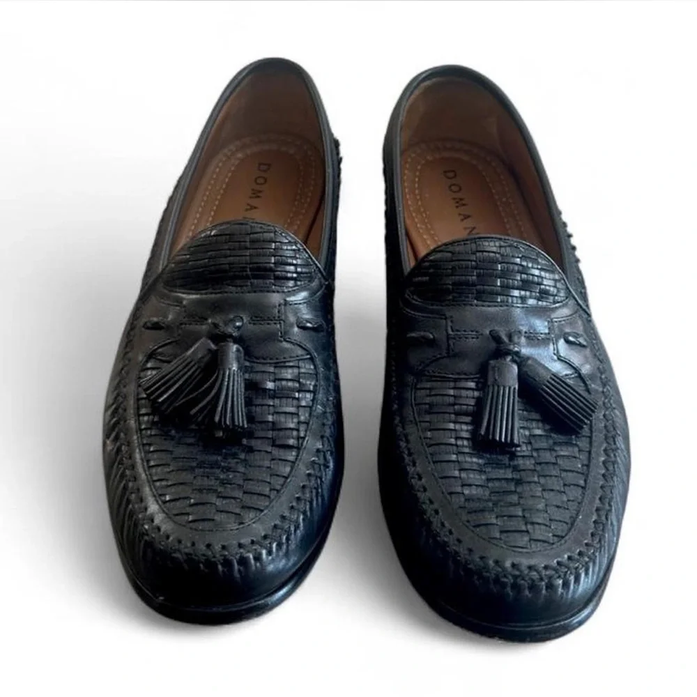 Domani Black Leather Basket Weave Tassel Loafers Size US  display picture 1